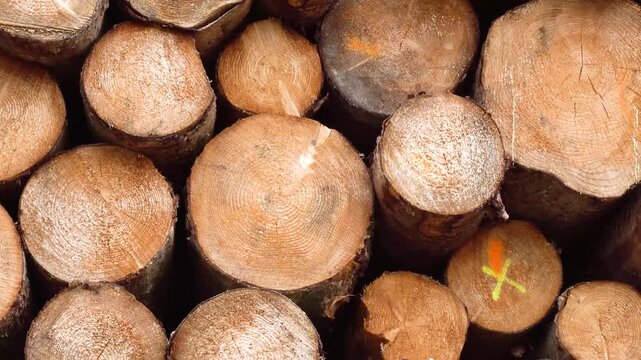 Auf einem Lagerplatz liegen die Holzst&auml;mme aus einer Forstwirtschaft zur Weiterverarbeitung in einem S&auml;gewerk