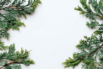 Green evergreen branches border a blank white space