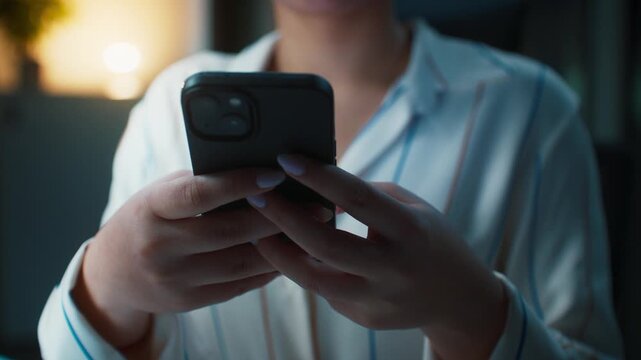 Close crop view of businesswoman hands holding smartphone. Adult female reading message on mobile screen. Sitting at office desk at night. Checking notifications during quiet work break.