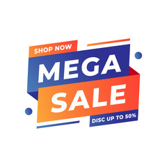 Fototapeta premium vector illustration of banner reading Mega Sale with a Shop Now ribbon and Disc Up To 50% tag, ideal for retail promotion, online advertising, seasonal offers and marketing campaign visuals.