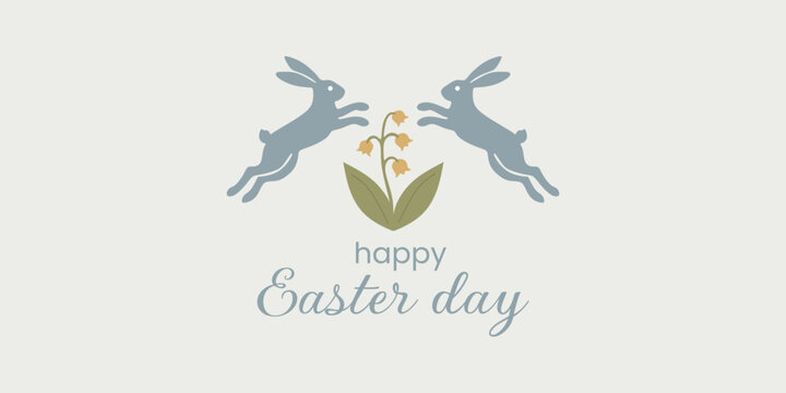 Two jumping bunny rabbits illustration with happy Easter day text and lily of the valley plant. Spring holiday greeting card design element.