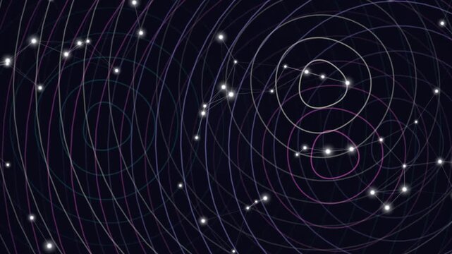 A dark background with interconnected glowing circles and dots