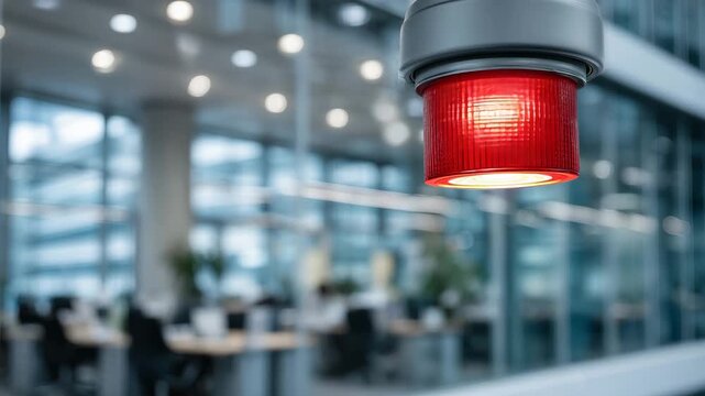 Flashing red alarm signal in modern conference space, professional corporate environment, highlighting emergency response and safety management, contemporary office interior with g