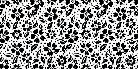 Black and white floral pattern with scattered blossoms and foliage