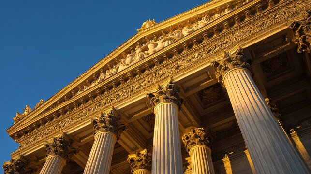 neo. Grand neoclassical columns with sculpted quadriga, bathed in warm golden hour light. real-estate listings.
