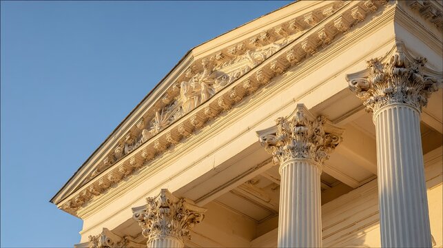 neo. Grand neoclassical columns with sculpted quadriga, bathed in warm golden hour light. real-estate listings.