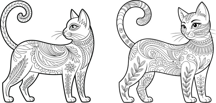 Ornate Zen Cat Mandala Style Patterns Vector Illustration, Intricate Floral and Geometric Designs for Coloring Pages, Tattoo Art, and Decorative Elements, Black and White Detailed Line Art