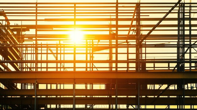 conceal. Steel construction framework with architectural beams, lit by directional morning light. real-estate listings.