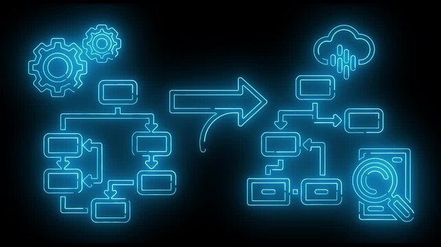 Neon-lit flowchart diagram with glowing blue lines and icons transitioning from complex system to cloud-based network on a dark background.