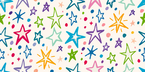 Colorful hand drawn stars and shapes scattered across a cream background © Tarun