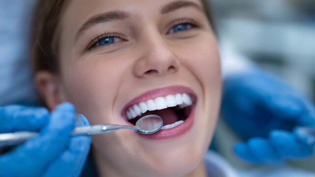 Mirror reflection focusing on mouth and teeth during pediatric checkup, faceless young patient, dentist in gloves and mask performing exam, soft clinical lighting, professional ora