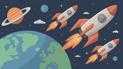 Three cartoon rockets flying through space with planets and stars, spaceship Earth © srdesignhouse