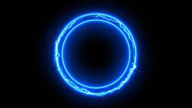 Glowing blue neon energy circle with electric lightning bolts on black background for motion graphics and science fiction