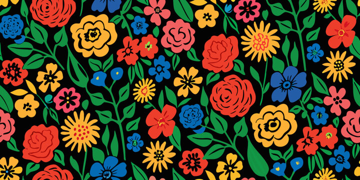Colorful floral pattern with various blooms against a dark background