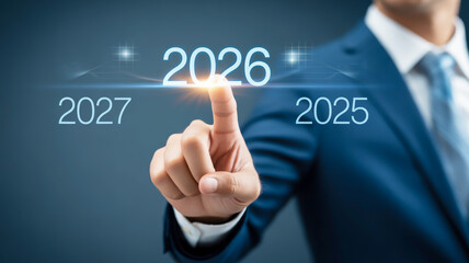 A businessman in a suit pointing to the future year 2026 with a futuristic digital interface