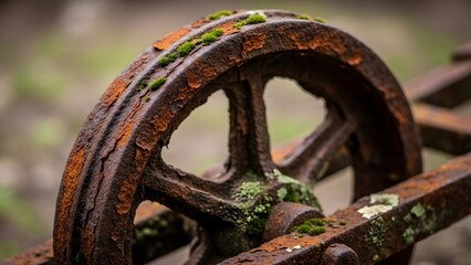 Rusty machinery wheel with moss overgrowth in a natural environment, viewed up close