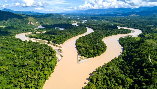 Aerial view of a river fork, where waterways separate and wind through lush, green forest and rolling hills under a cloudy sky