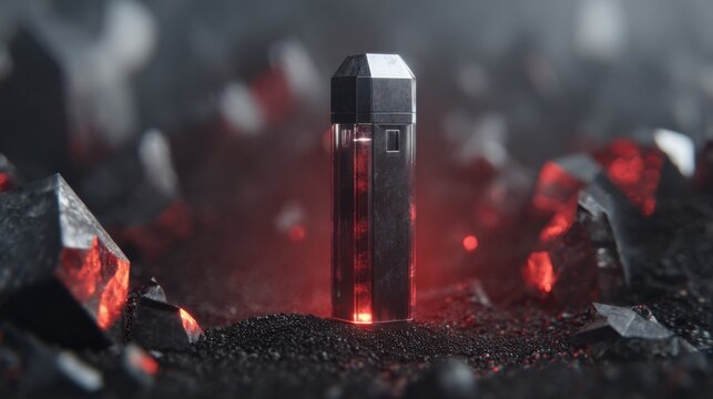 Sleek Black and Silver Electronic Vape Pod Device with Red Illuminated Accents on a Dark Textured Surface