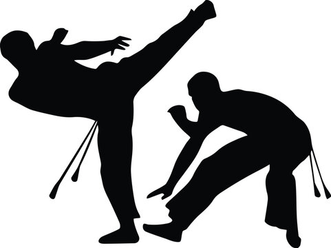Silhouette of two martial arts practitioners performing a Capoeira kick and dodge move
