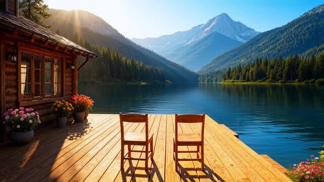 Sunrise over serene mountain lake with rustic cabin and wooden deck peaceful nature retreat footage