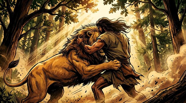 Biblical Hero Samson Wrestling Lion in Sunlit Forest - Strength and Courage