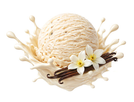 A delicious scoop of vanilla ice cream bursting from a creamy milk splash with fragrant vanilla pods and blossoms
