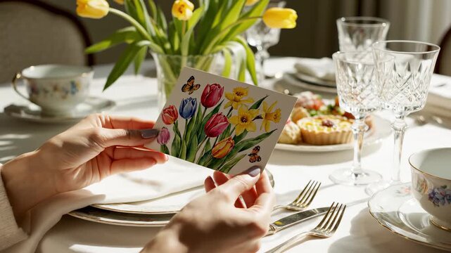 Woman holding greeting card with spring flowers over festive table, symbolizing March 8, womens day, cheerful celebration for international women&rsquo;s day concepts.