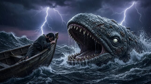 Moby Dick: Man in Rowboat Confronts Giant Whale in Stormy Sea