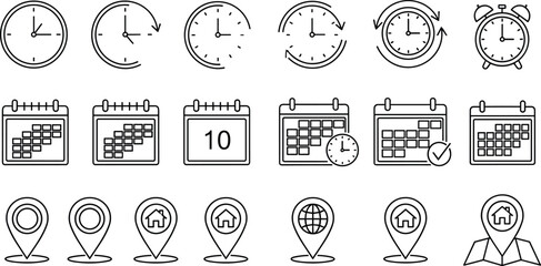 Minimalist Black Line Icon Set Featuring Analog Clocks Calendars and Map Pin Location Markers for Appointment Scheduling Planning and Travel Logistics Applications
