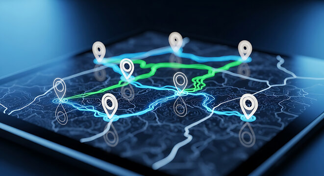 Digital map with location pins and navigation routes