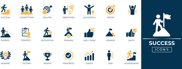 Success solid icon set for target,  winner, challenge, achievement, leadership, award, motivation, and motivational project presentations.