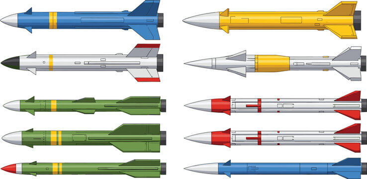 Military missiles and rockets vector collection with ballistic guided and cruise weapon designs