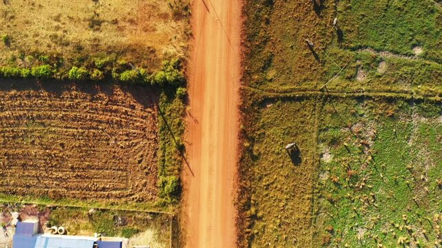 Drone shot of a red dirt road dividing agricultural fields in Kampot, Cambodia, with scattered greenery and grazing livestock visible.