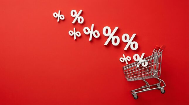 Shopping Cart with Falling Percent Signs - Sale Discount Bargain Concept.