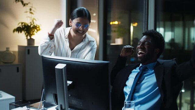Night office scene of business colleagues celebrating successful investment at computer desk. Adult female raising fist and smiling. Businessman cheering at monitor. Winning stock trade indoors.