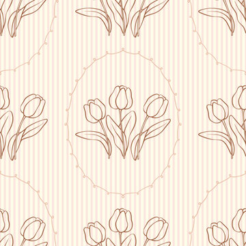 Tulips with frames seamless pattern, vintage style vector art