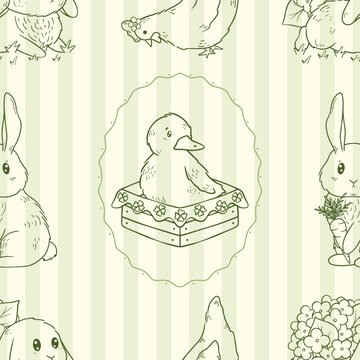 Green color seamless pattern with cute animals, vector art