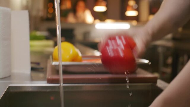 Close up view of chef hands washing fresh bell pepper and celery stalk under running water in stainless steel sink, cleaning vegetables during cooking in restaurant kitchen