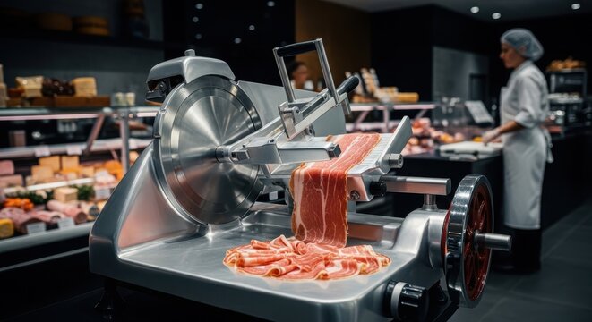 a meat slicer with sliced meat on a butcher shop counter top with a butcher in the background butche