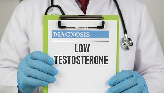 Doctor holding clipboard with diagnosis low testosterone, medical concept for hormone deficiency, men's health, and treatment options featuring physician, healthcare, hypogonadism with andrology and