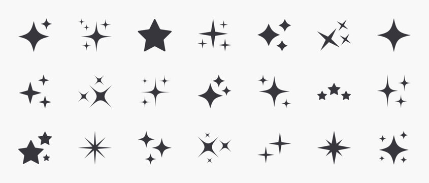 Sparkle icon set. Twinkle stars, effect shine, glitter and starburst icons. Vector illustration.