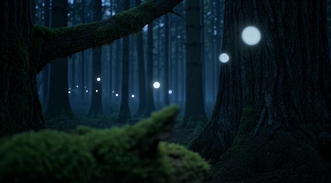 Ethereal lights float through a dark, moss-covered forest