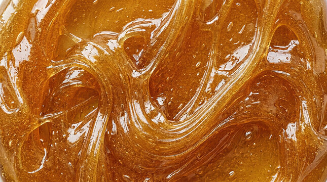 Extreme macro texture filling the entire frame, highly viscous sticky golden amber sugaring paste or cosmetic hair removal wax with smooth heavy folds, generative AI