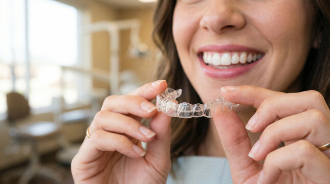 Close-up of female hands holding transparent orthodontic aligners with beautiful smile and straight teeth on blurred background; concept of dental health and modern dentistry.