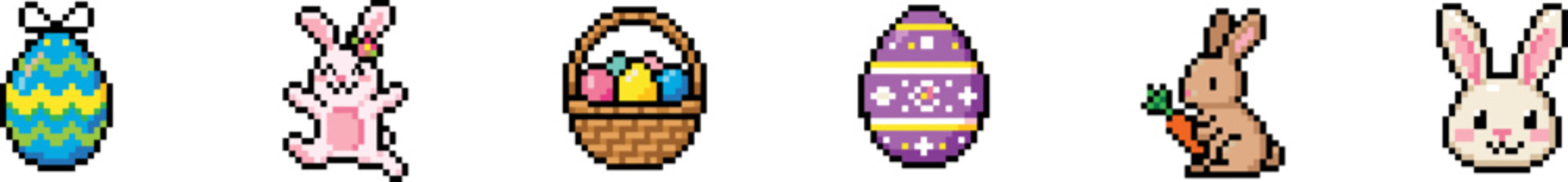 Pixel art set of Easter icons including bunnies, eggs and basket