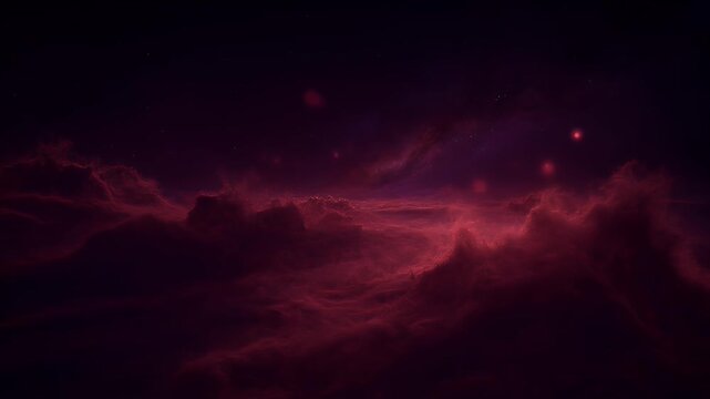 Crimson nebula clouds swirl with distant, glowing orbs in deep space