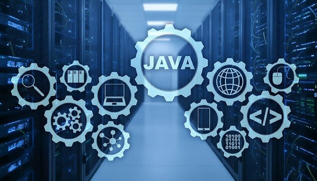 Java programming concept with gear icons over modern data center server room, representing enterprise software development and IT infrastructure featuring coding, code, developer with application and
