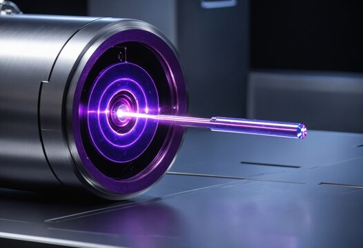 Macro view of a PVD titanium plasma coating process with a glowing purple beam and metallic machinery