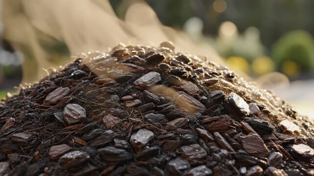 A steaming compost pile being watered in a garden. Close-up of hot mulch and organic matter during decomposition. Natural fertilizer and soil amendment concept