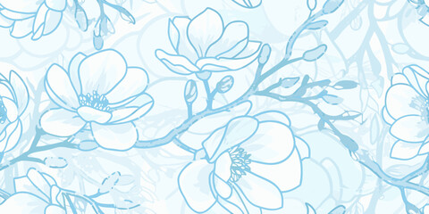 Delicate magnolia branches and blossoms create a seamless light blue pattern © Mityunjoy